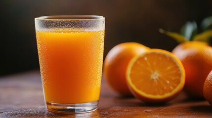Orange juice in glass with fresh oranges