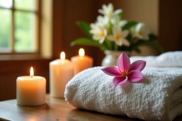 Relaxing spa setting with candles and fresh flowers, ready for a pampering session , wellness, salon day