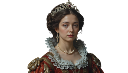 Regal Queen with Intricate Crown and Pearl Necklace Portrait, Isolated on Transparent Background, PNG
