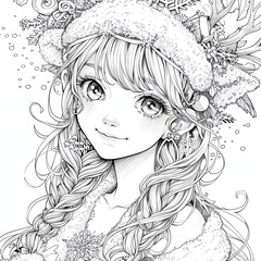 Cute anime girl in winter outfit with festive decorations – black and white line art illustration for coloring book