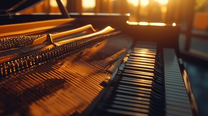An internal view showing strings and keys of a grand piano