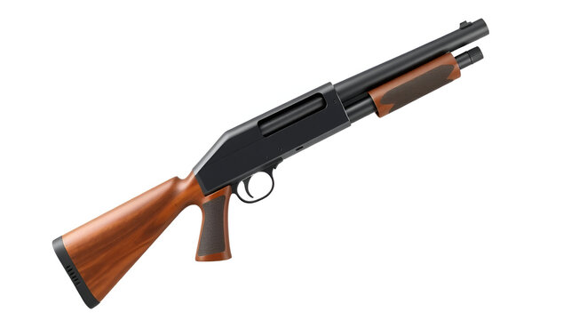 Modern Pump-Action Shotgun with Wood Stock and Matte Black Finish, isolated, transparent background, white background, no background