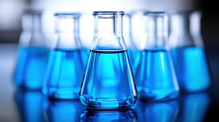 Clear Glass Flasks Containing Blue Liquid Are Arranged Together