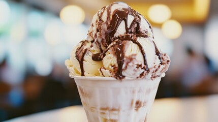 Delicious vanilla ice cream scoops covered in chocolate syrup and drizzled on top