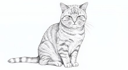Sketch of Tabby Cat with Smug Expression Sitting Upright Isolated on White Background for Decoration and Creative Projects