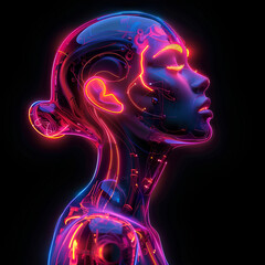Futuristic woman with neon VR headset and glowing wires – sci-fi cyberpunk concept art