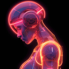 Futuristic woman with neon VR headset and glowing wires – sci-fi cyberpunk concept art