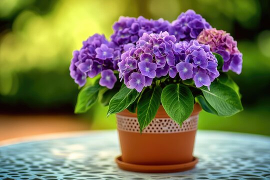 A vibrant bouquet of purple hydrangeas in a terracotta pot