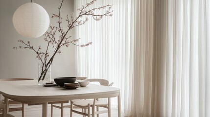 A Minimalist Dining Room Table Displayed With Floral Decorations And Curtains