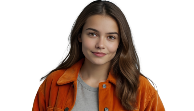 Cheerful Young Woman with Brown Hair in Stylish Orange Jacket, Isolated on Transparent Background,PNG