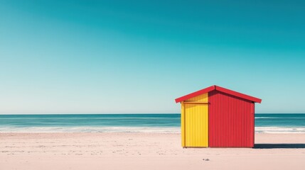 A colorful beach hut sits on a sandy beach under clear skies