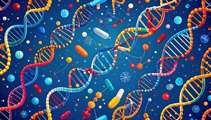 Colorful DNA strands and pills background illustration for genetic research medical science