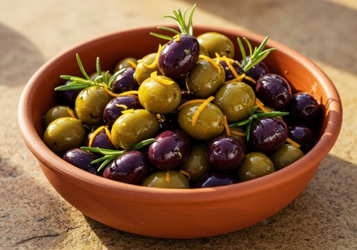 Aromatic Marinated Olives, a Delightful Blend of Green and Black, Garnished with Rosemary and Orange Zest in a Rustic Bowl - Powered by Adobe