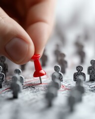 decision makers digital persona marketing shopper target audience A person places a red pin on a map, symbolizing target locations and strategic planning in business.