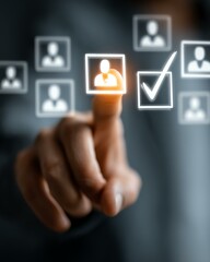 decision makers digital persona marketing shopper target audience A professional hand selecting an individual from digital team profiles, symbolizing recruitment and decision-making processes.