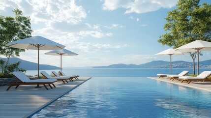 Fototapeta premium Serene poolside view with lounge chairs and umbrellas by water