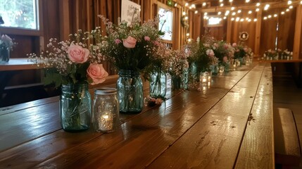 Rustic wedding reception with floral arrangements on tables