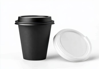 Disposable black coffee cup with a white lid