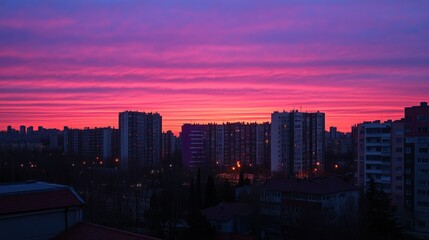 Spectacular colorful sunset over a cityscape full of buildings at dusk