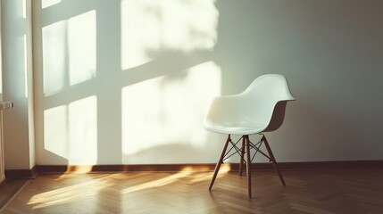 A modern white chair in a room with sunlight shadows
