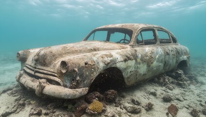 A vintage car, rusted and partially submerged, rests on a sandy seabed, surrounded by coral