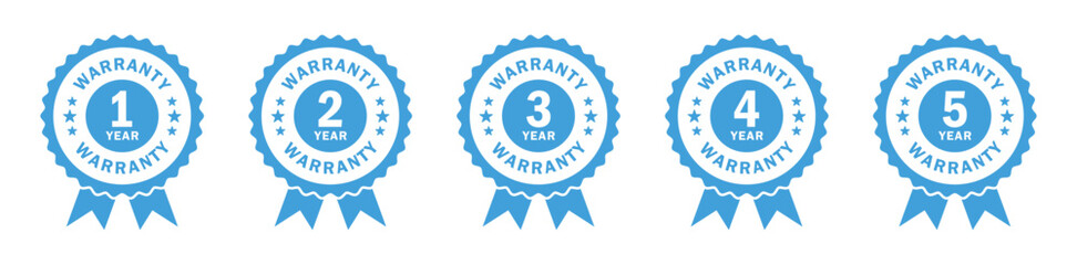 Set of warranty badges for 1 to 5 years with ribbon and star design. Ideal for product packaging, branding, service guarantees, and promotional materials. Icons, vector. warranty.