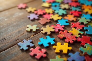Colorful puzzle pieces scattered on a wooden surface , puzzle, pieces, colors