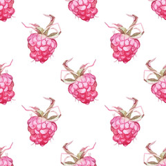 Watercolor seamless pattern with hand-drawn raspberries on white background. Summer red plant berry. Sweet freshness dessert food. Art for menu card. Textile and celebration wallpaper or wrapping