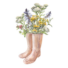 Watercolor bouquet with yarrow and lungwort and clover in rubber boots isolated on white background. Flower milfoil and tansy for wedding invite. Summer or spring hand-drawn clipart for sticker