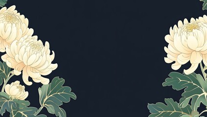 Elegant cream-colored chrysanthemum blossoms, framed by dark teal leaves, on a navy background. Detailed floral design
