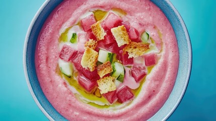 Vibrant pink soup topped with crunchy croutons, fresh cucumber, and diced beetroot