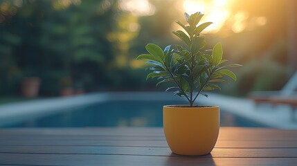 Small plant in pot by pool at sunset