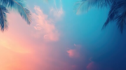 Obraz premium Pastel Sky at Sunset Framed by Silhouetted Palm Leaves in Tropical Twilight Showing Pink and Blue Hues in a Tranquil Outdoor Scene