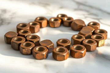 A circle of bronze nuts arranged on a marble surface, showcasing their intricate details and aged patina.