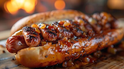 Delicious Grilled Hot Dog in Bun with BBQ Sauce and Onions