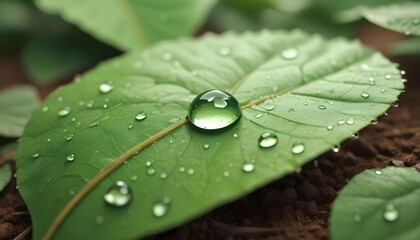 A close-up macro photograph of a vibrant green leaf covered in fresh water droplets, resting on soil