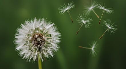 Fototapeta premium Dandelion Wishes: A Breathtaking Close-Up of a Dandelion Seed Head with Seeds in Flight