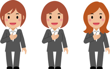 胸に手を当てて話すグレースーツの若い女性