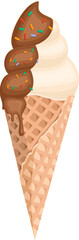 Vanilla soft serve ice cream in a waffle cone with sprinkles and chocolate syrup