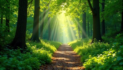 Obraz premium Sun-dappled forest path winding through lush green foliage , foliage, forest floor, undergrowth