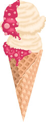Vanilla soft serve ice cream in a waffle cone with ball sprinkles and pink syrup