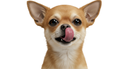 Small dog licking nose in studio close up