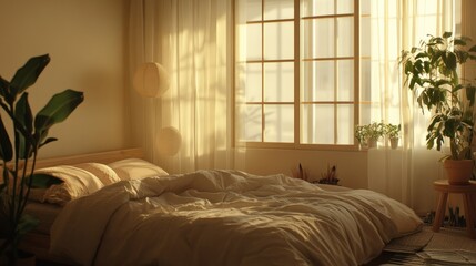 A bright bedroom interior showcasing natural light and comfortable elements