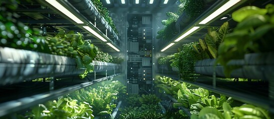 Vertical hydroponic farm, showcasing rows of fresh produce