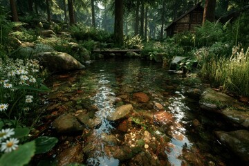 Serene Forest Stream with Clear Water Lush Greenery and Wildflowers in a Tranquil Natural Set
