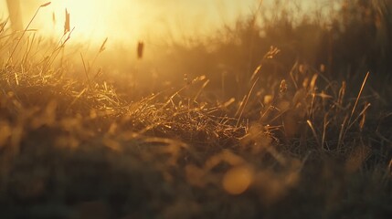 Golden sunlight illuminates tall grasses in a warm field setting