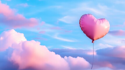 Fototapeta premium Pink heart-shaped balloon soaring in a dreamy sky filled with soft white clouds