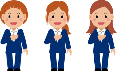 胸に手を当てて話す紺色スーツの若い女性。その2