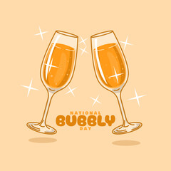 National Bubbly Day to celebrate on first Saturday in June. Two wine glasses are tossing with bold text on beige background. Drink event banner.
