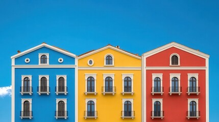 Fototapeta premium Three Colorful Houses Under a Vivid Blue Sky